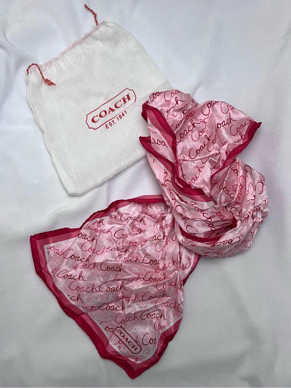 Coach Pink Script Silk Scarf with Fuchsia Border with dust bag included